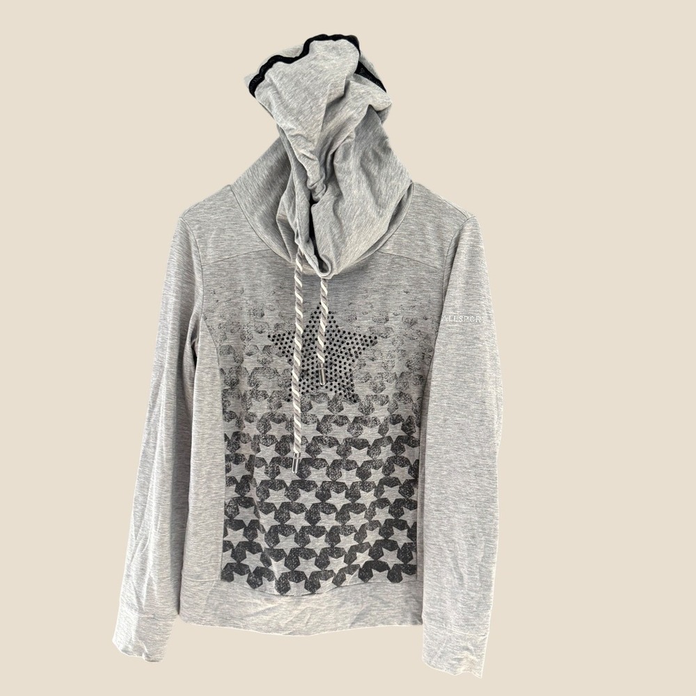Allsport‎ Y2k Heather Gray Star Print Rhinestone Cowl Neck Hoodie Size 38/M